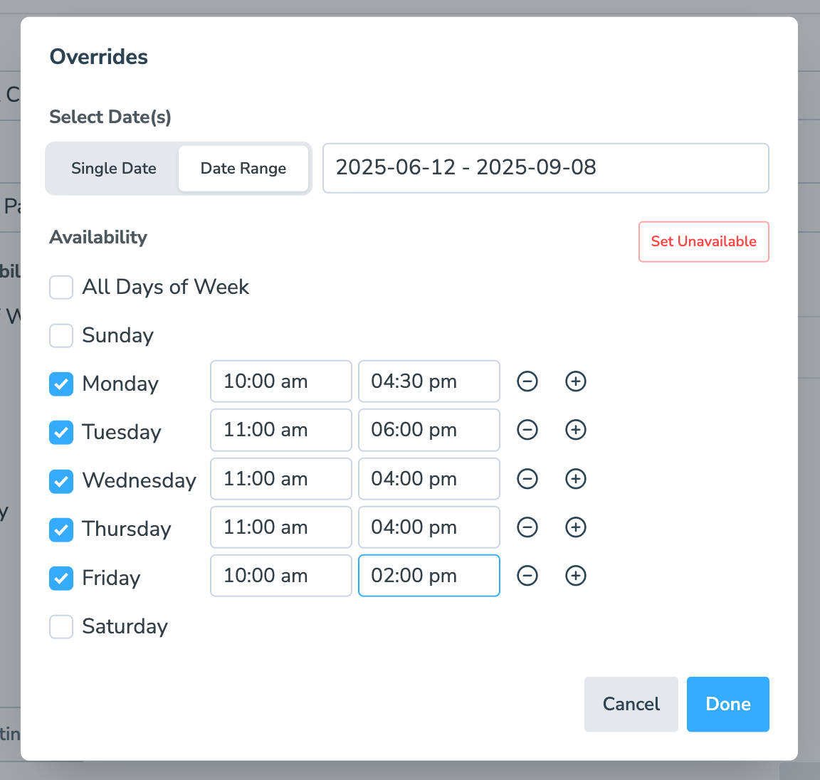 Adjusting dates and times a practitioner is available to take appointments on their booking page in Apptoto